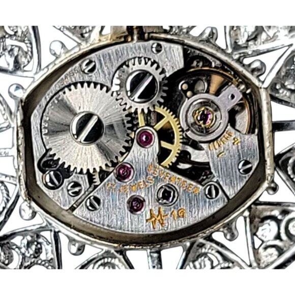 Vintage Hamilton 17J Brooch Watch 800 Silver Filigree Malachite Swiss Runs As-Is - Picture 9 of 11